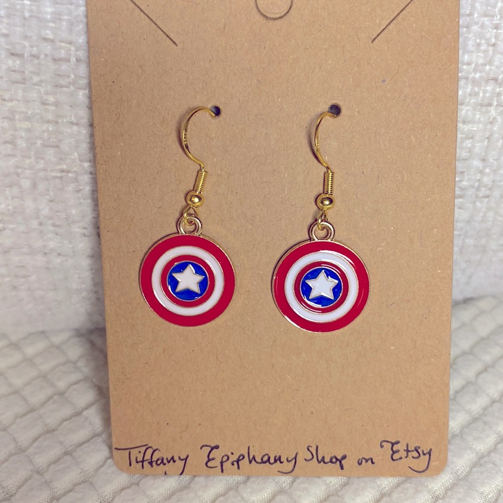 Disney Inspired Marvel Captain America’s Shield Dangly Earrings NWT